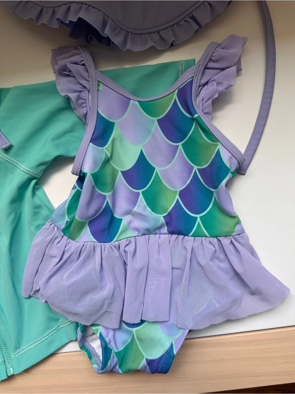 Hanna Andersson Purple Mermaid Swimsuit Teal Rash Guard Sun Hat Set 6-12m 70cm